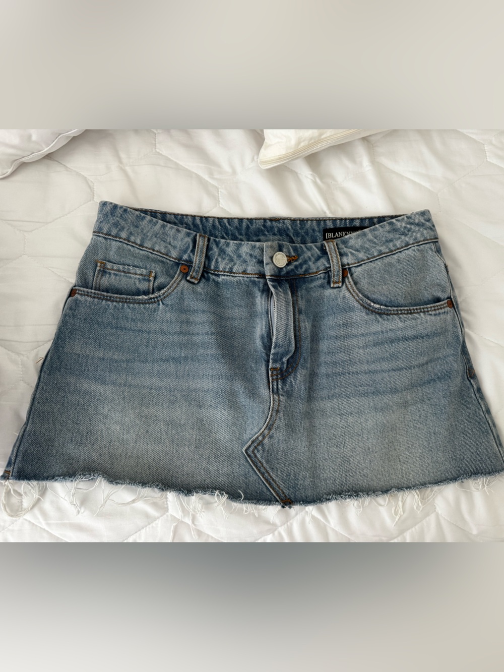 Blank NYC Washed Blue Denim Mini Skirt with Frayed Hem